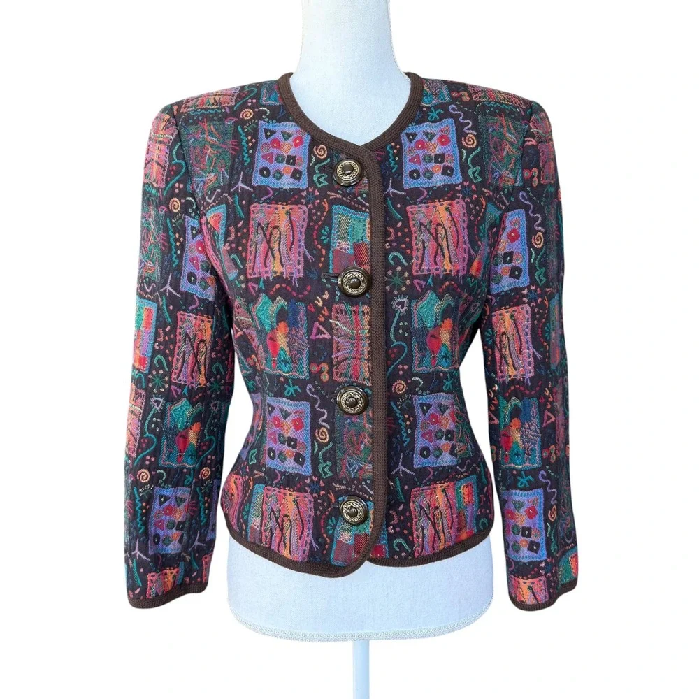 Miss Hardy Amies London Vintage Abstract Tapestry Blazer Jacket Multi Color Sz 9